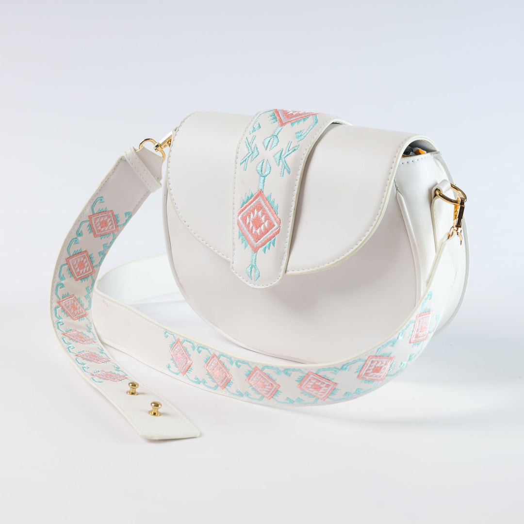 Abstract Embroidered Curved Crossbag - White