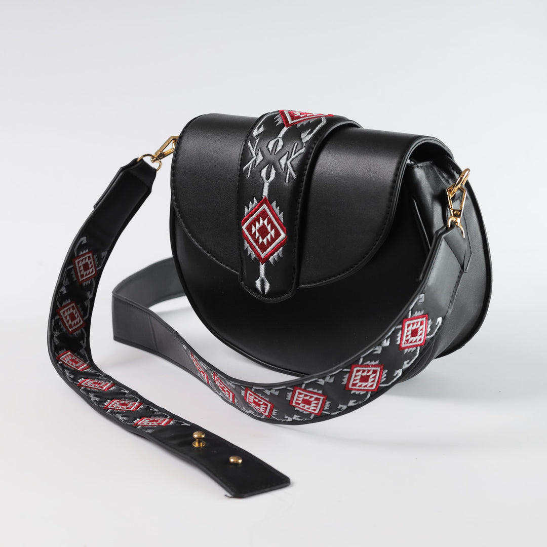 Abstract Embroidered Curved Crossbag - Black