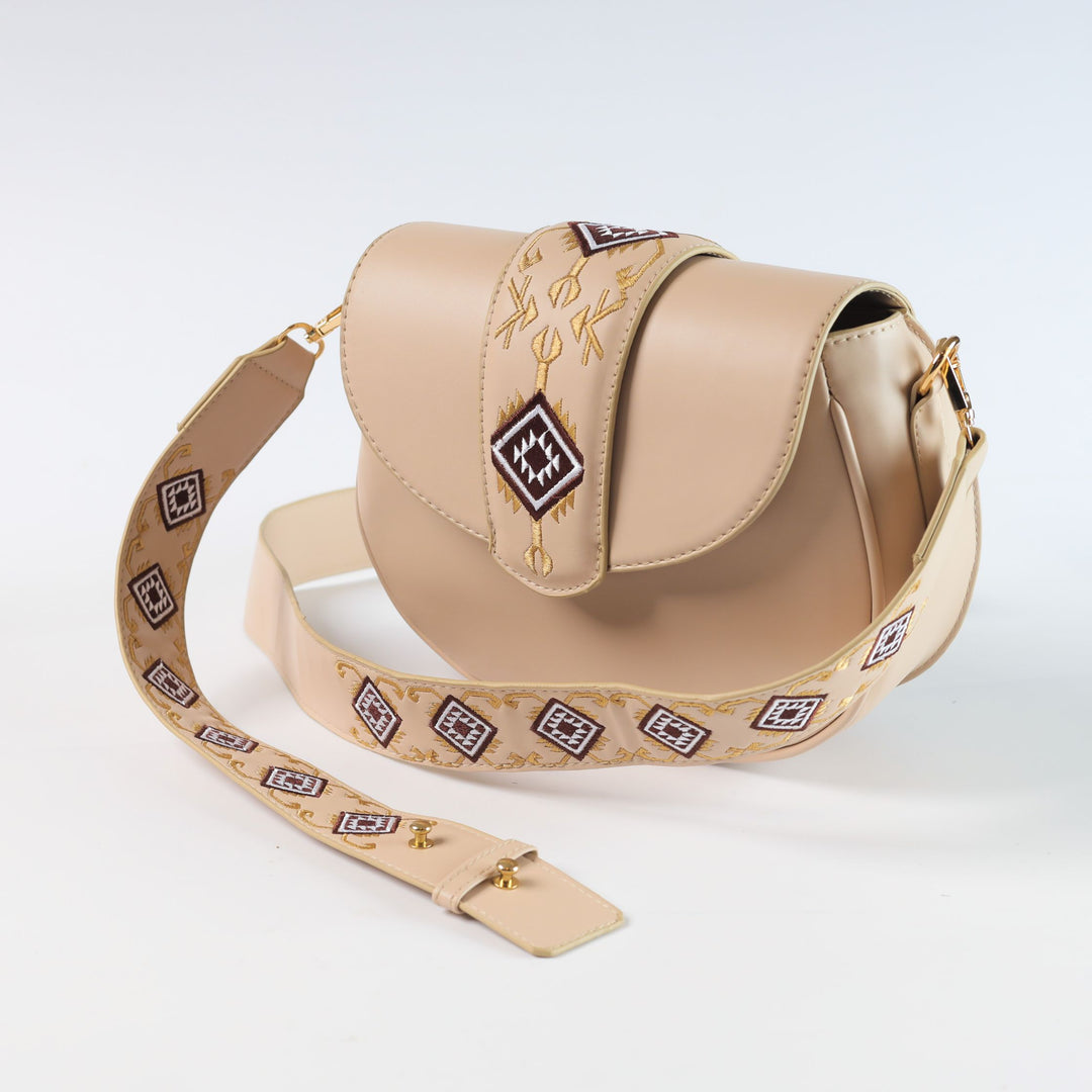 Abstract Embroidered Curved Crossbag - Beige