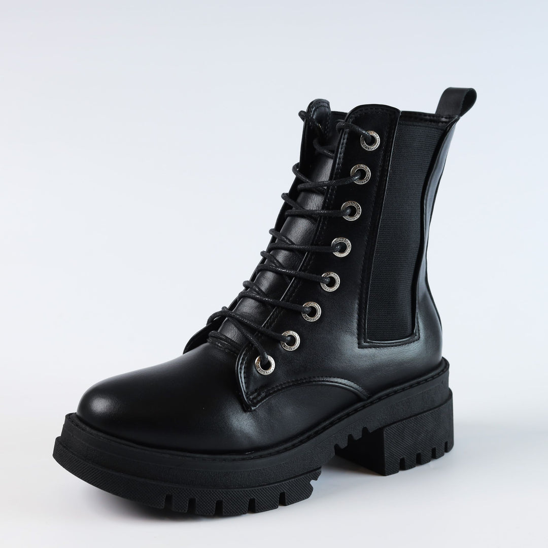 Chelsea Laceup & Zipper Plain Leather Boots - Black