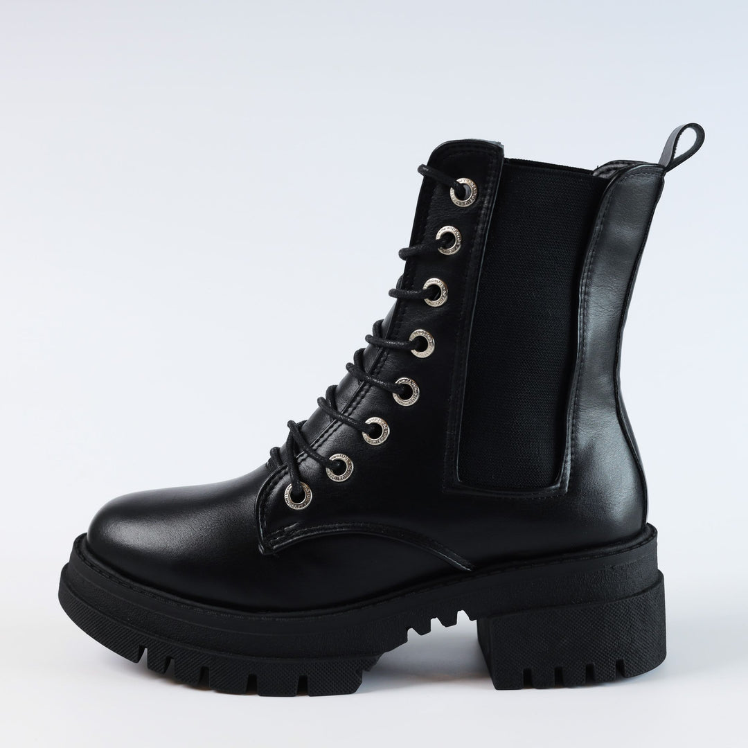 Chelsea Laceup & Zipper Plain Leather Boots - Black