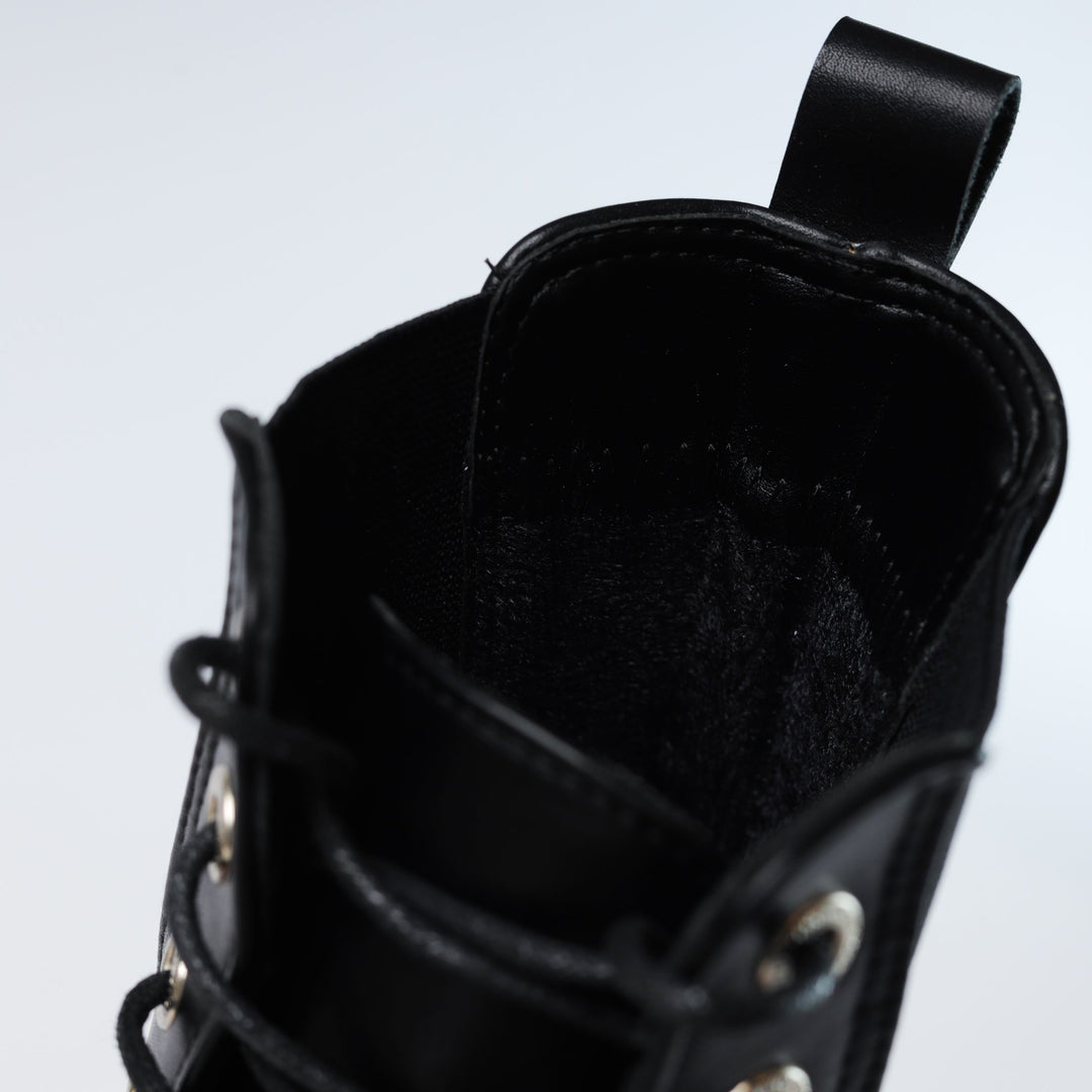 Chelsea Laceup & Zipper Plain Leather Boots - Black