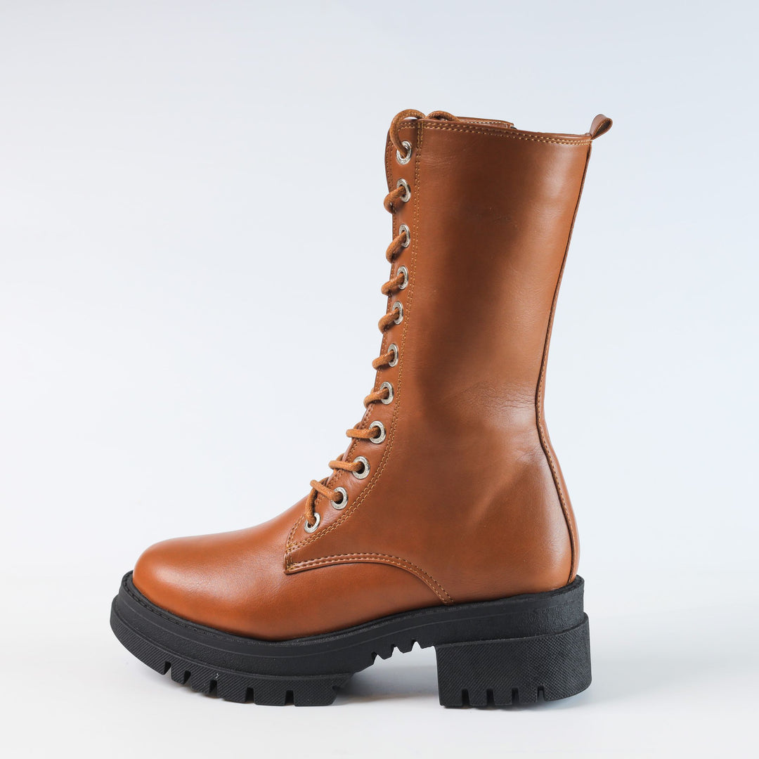 High Laceup & Zipper Plain Leather Boots - Havane