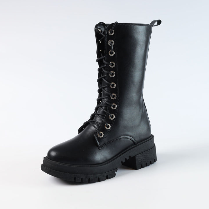 High Laceup & Zipper Plain Leather Boots - Black