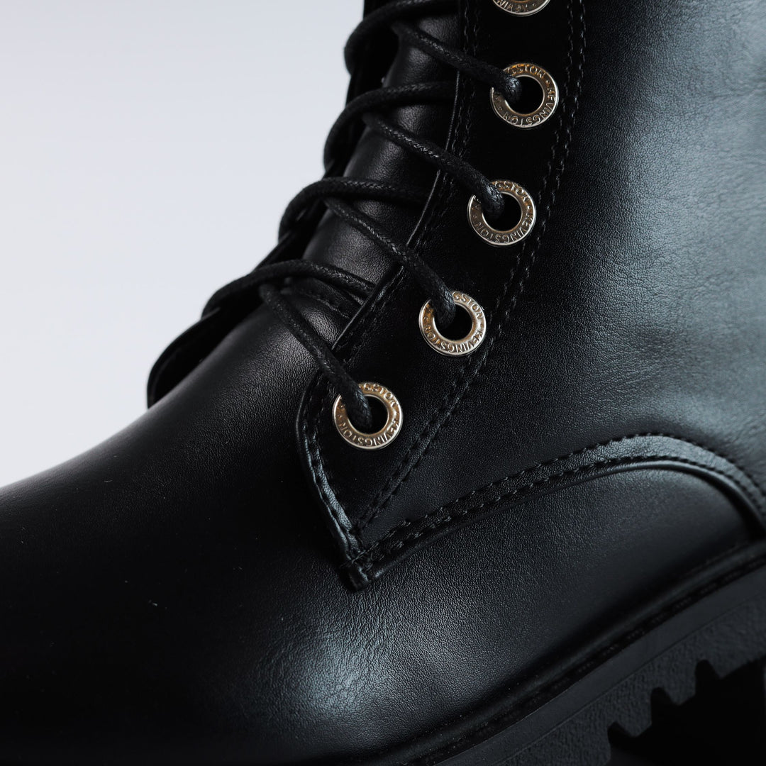 High Laceup & Zipper Plain Leather Boots - Black