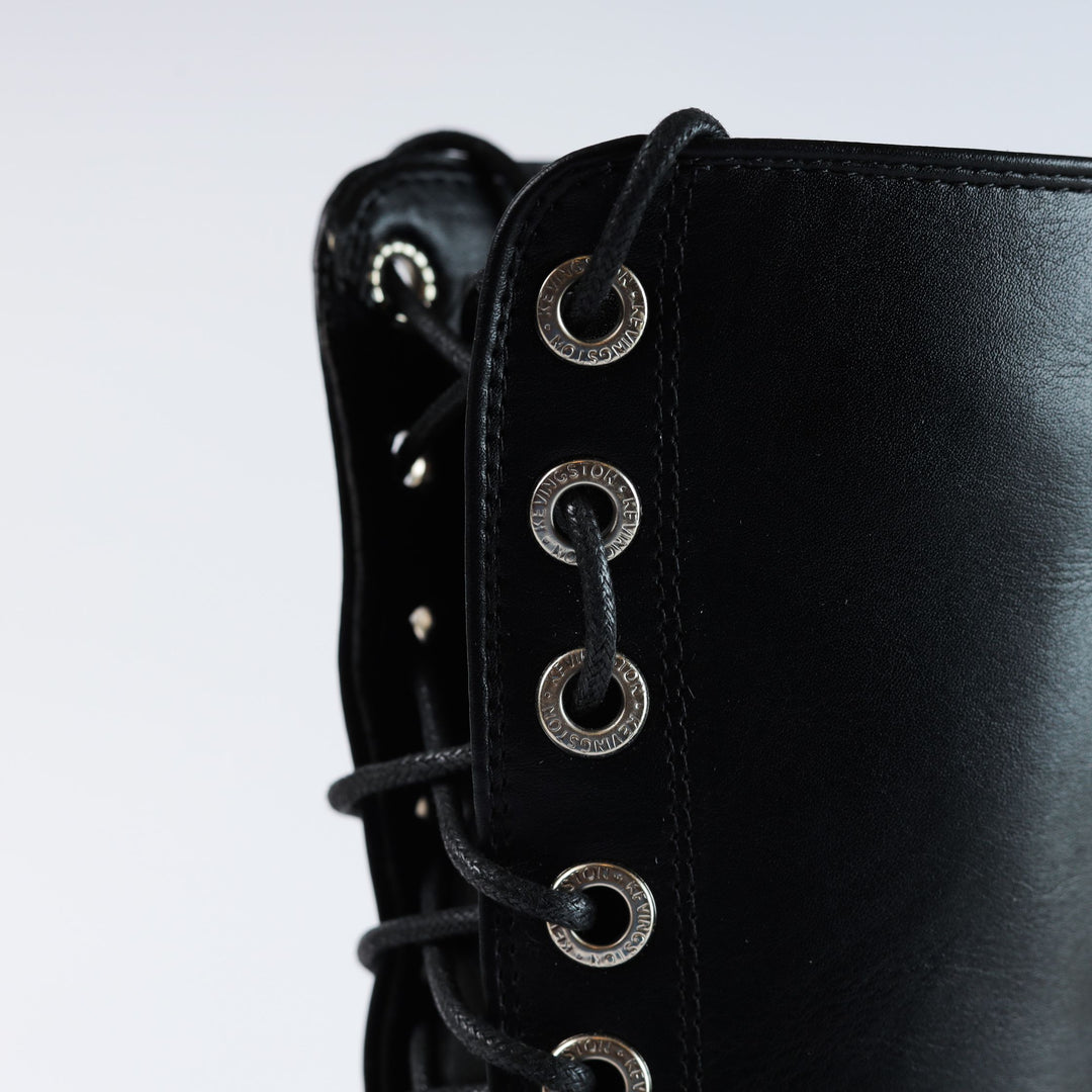 High Laceup & Zipper Plain Leather Boots - Black