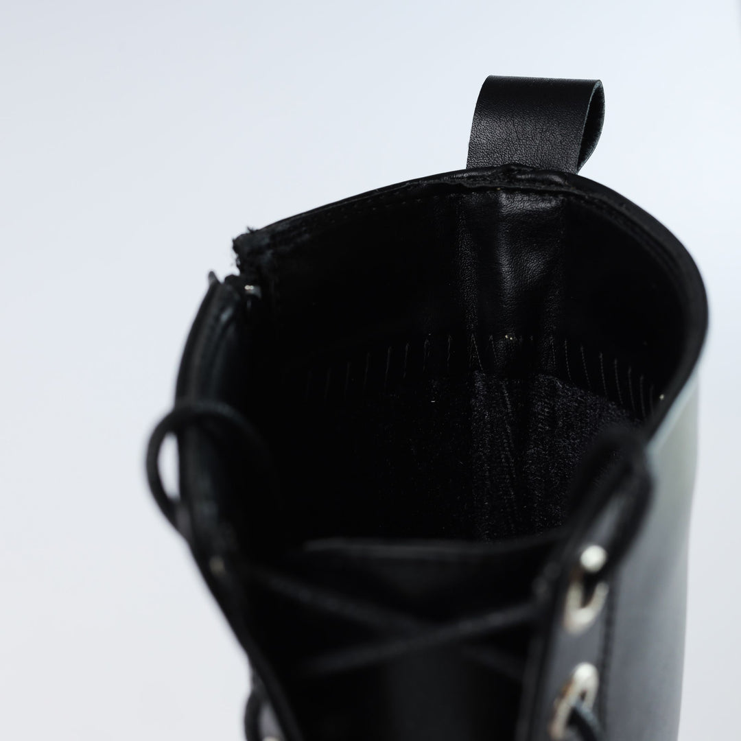 High Laceup & Zipper Plain Leather Boots - Black