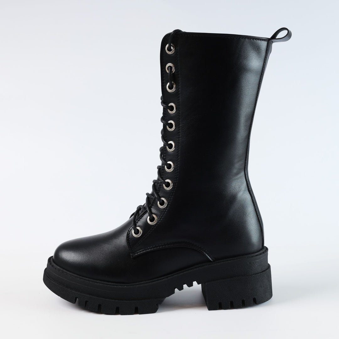 High Laceup & Zipper Plain Leather Boots - Black