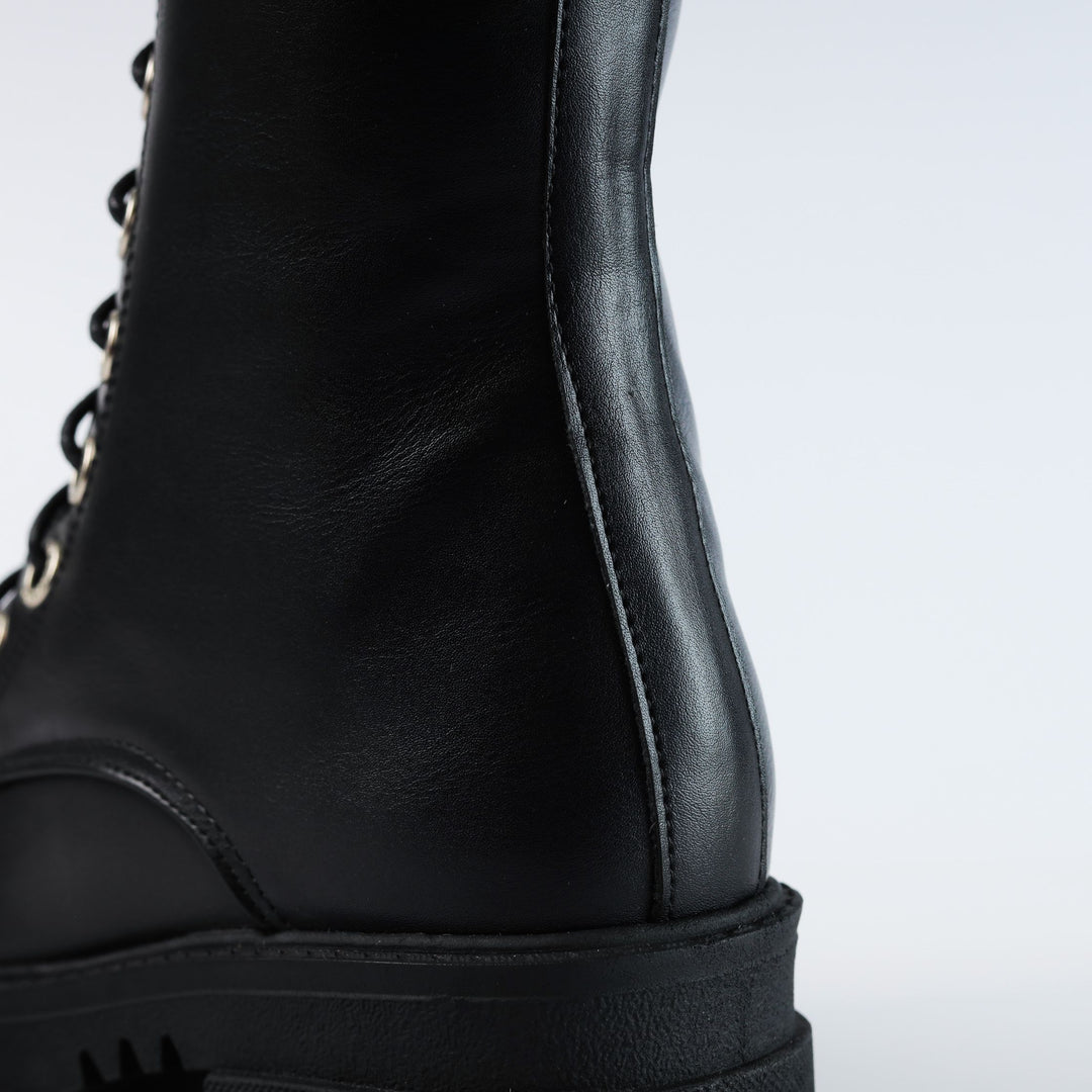 High Laceup & Zipper Plain Leather Boots - Black