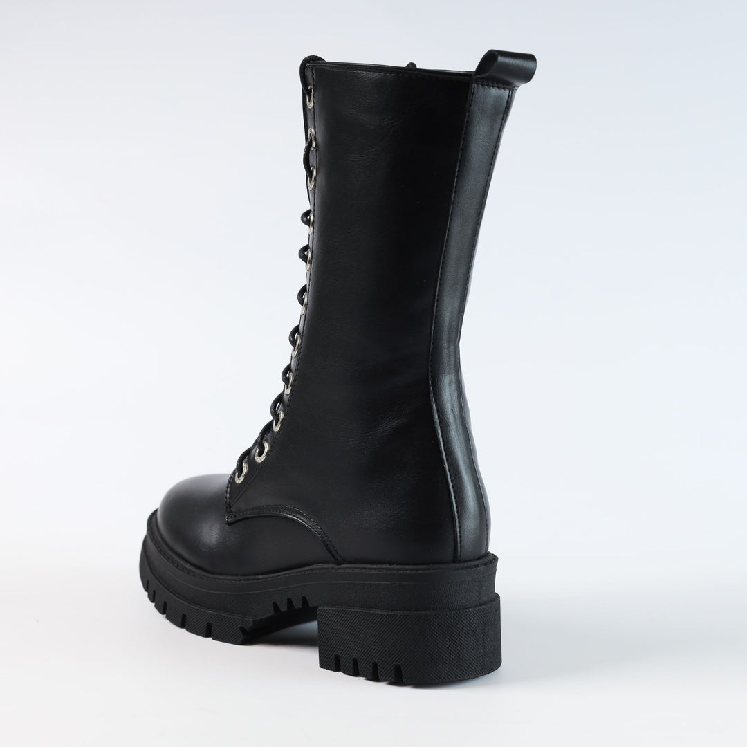 High Laceup & Zipper Plain Leather Boots - Black