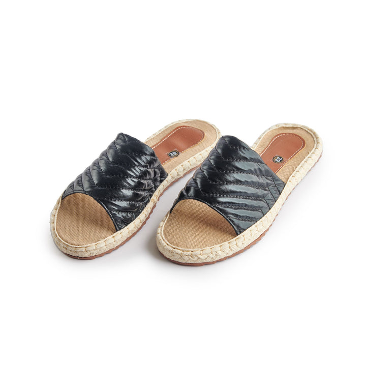 Shiny Stiched Stylish Espadrille-Like Slippers - Black