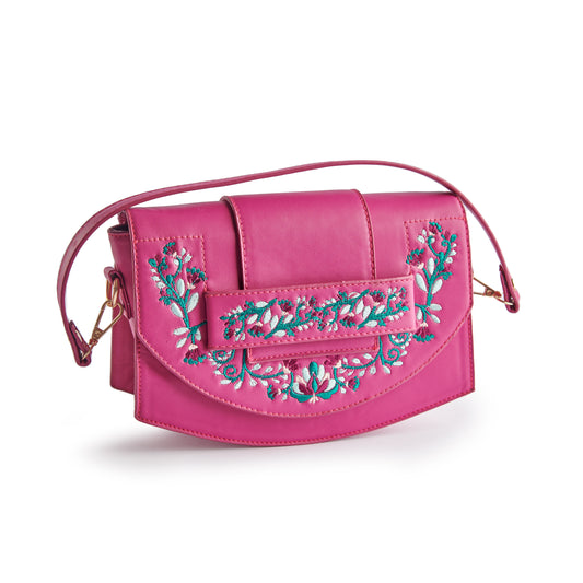 Pink Leather Cross Bag With Front Flower Embroidered