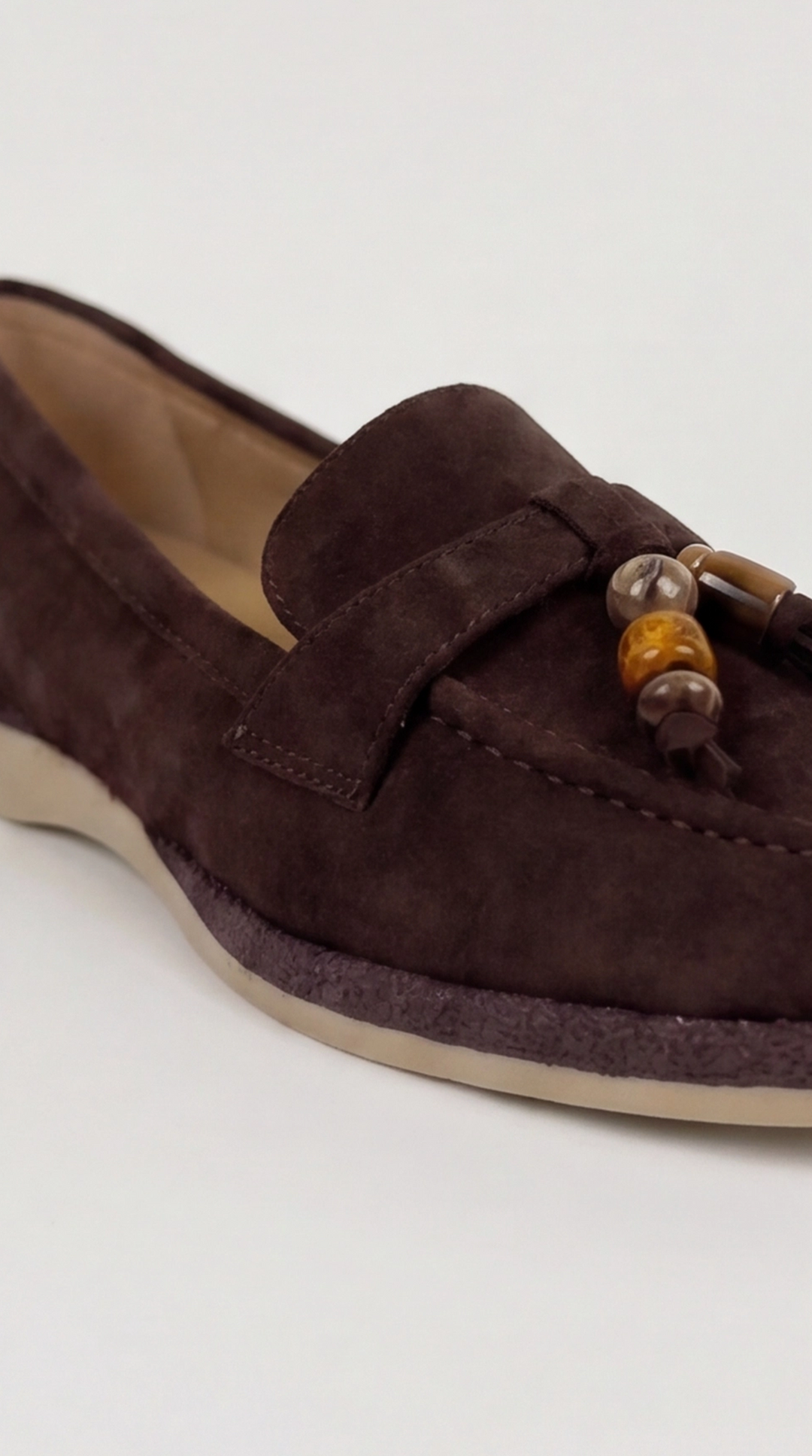 Brown Suede Beaded Tassel Loafers