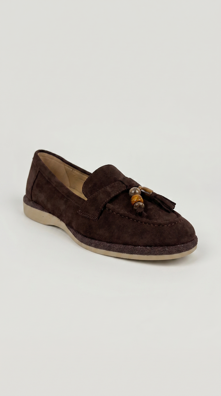 Brown Suede Beaded Tassel Loafers