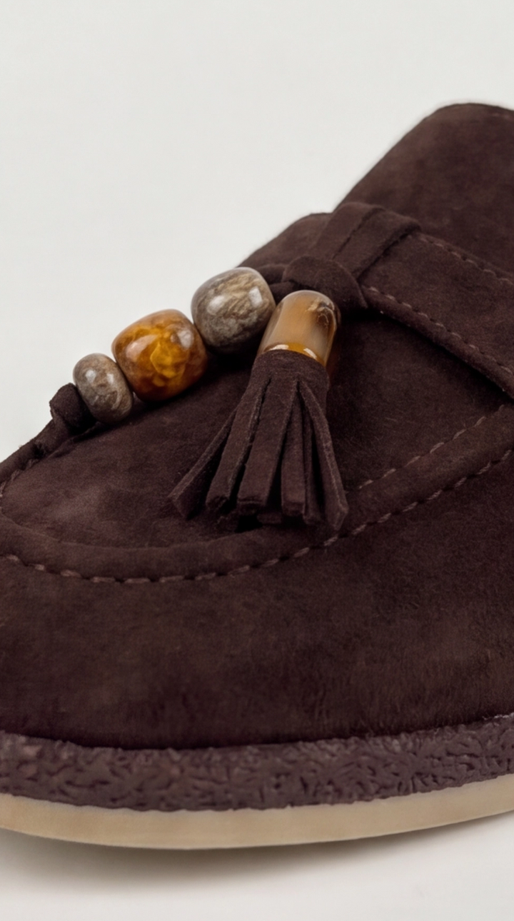 Brown Suede Beaded Tassel Loafers