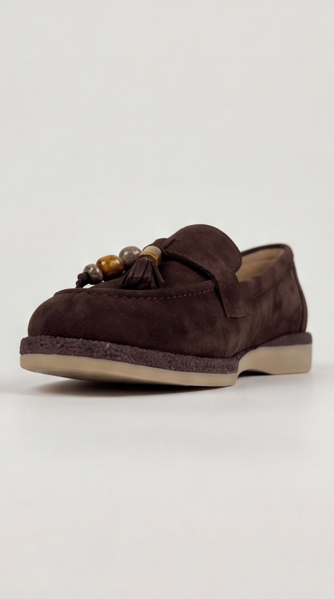 Brown Suede Beaded Tassel Loafers