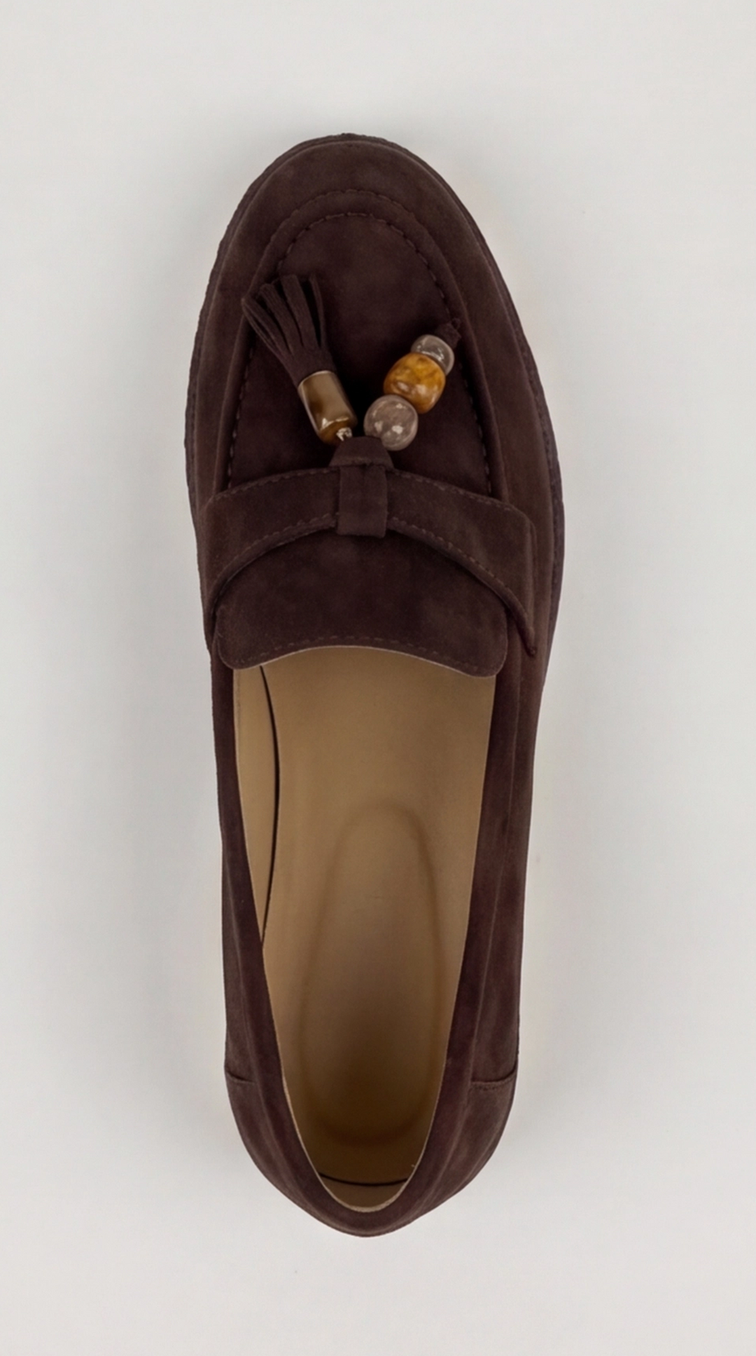 Brown Suede Beaded Tassel Loafers