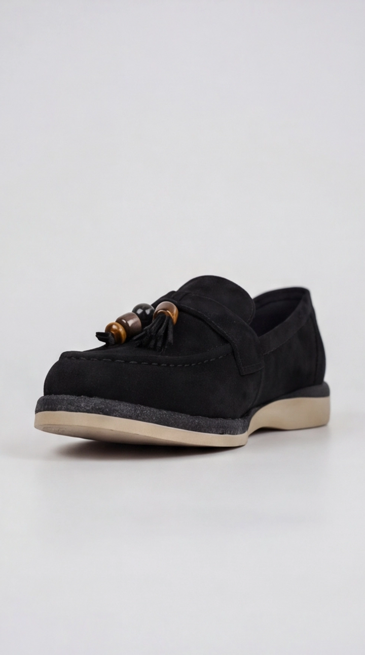 Black Suede Beaded Tassel Loafers