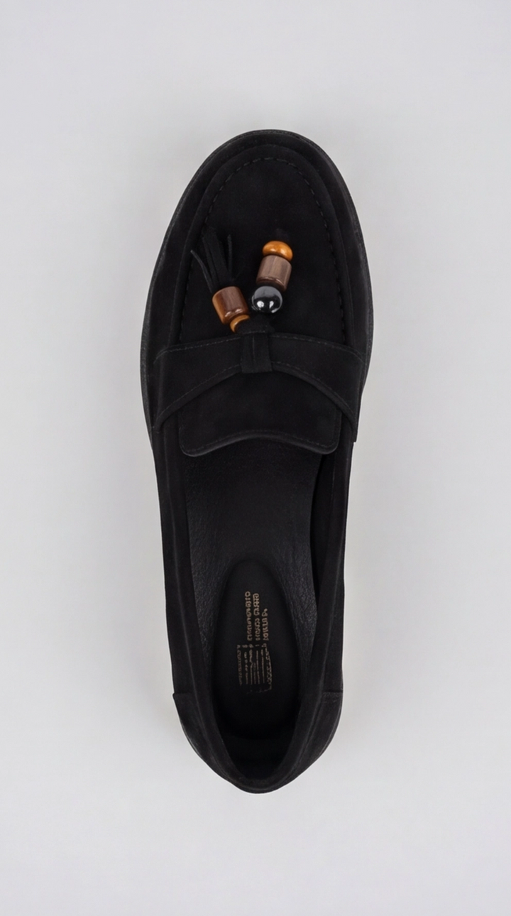 Black Suede Beaded Tassel Loafers