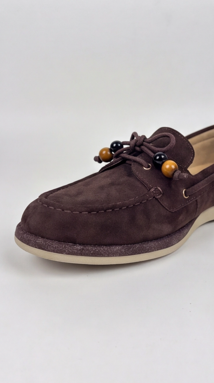 Dark Brown Suede Beaded Boat Shoes