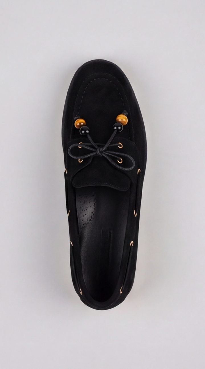 Black Suede Beaded Lace Boat Shoes