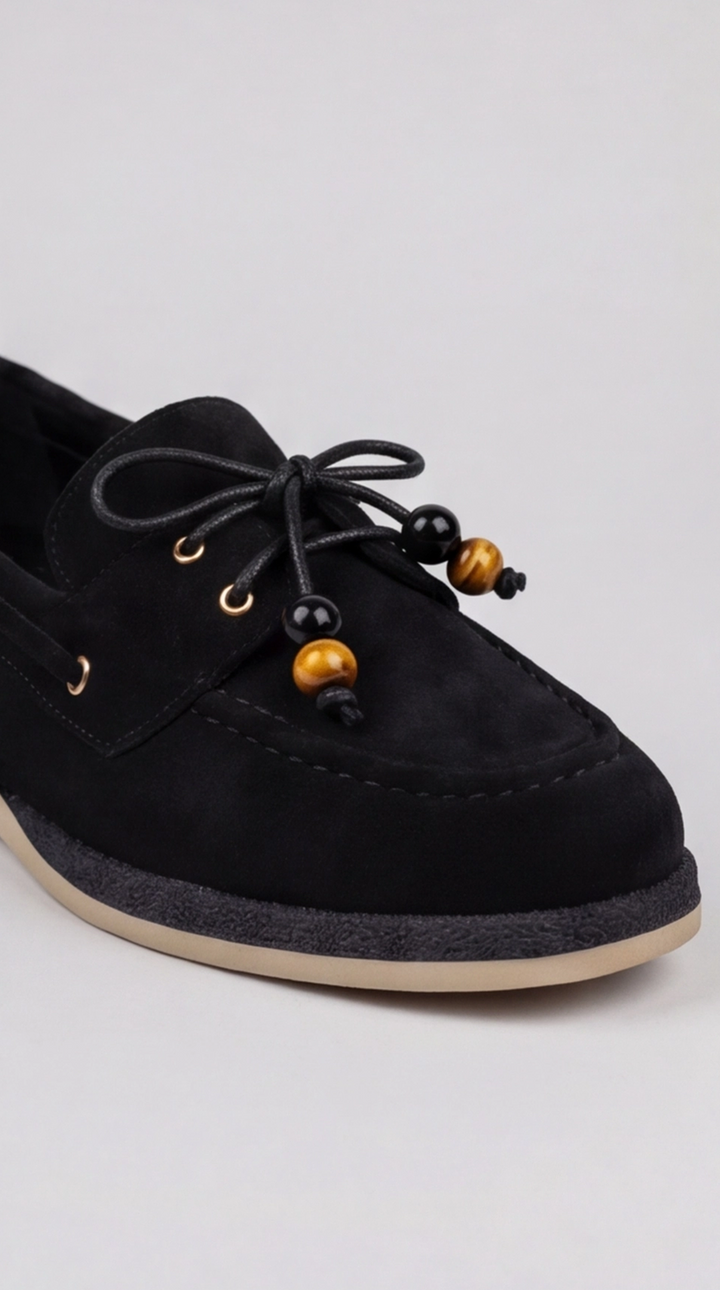 Black Suede Beaded Lace Boat Shoes