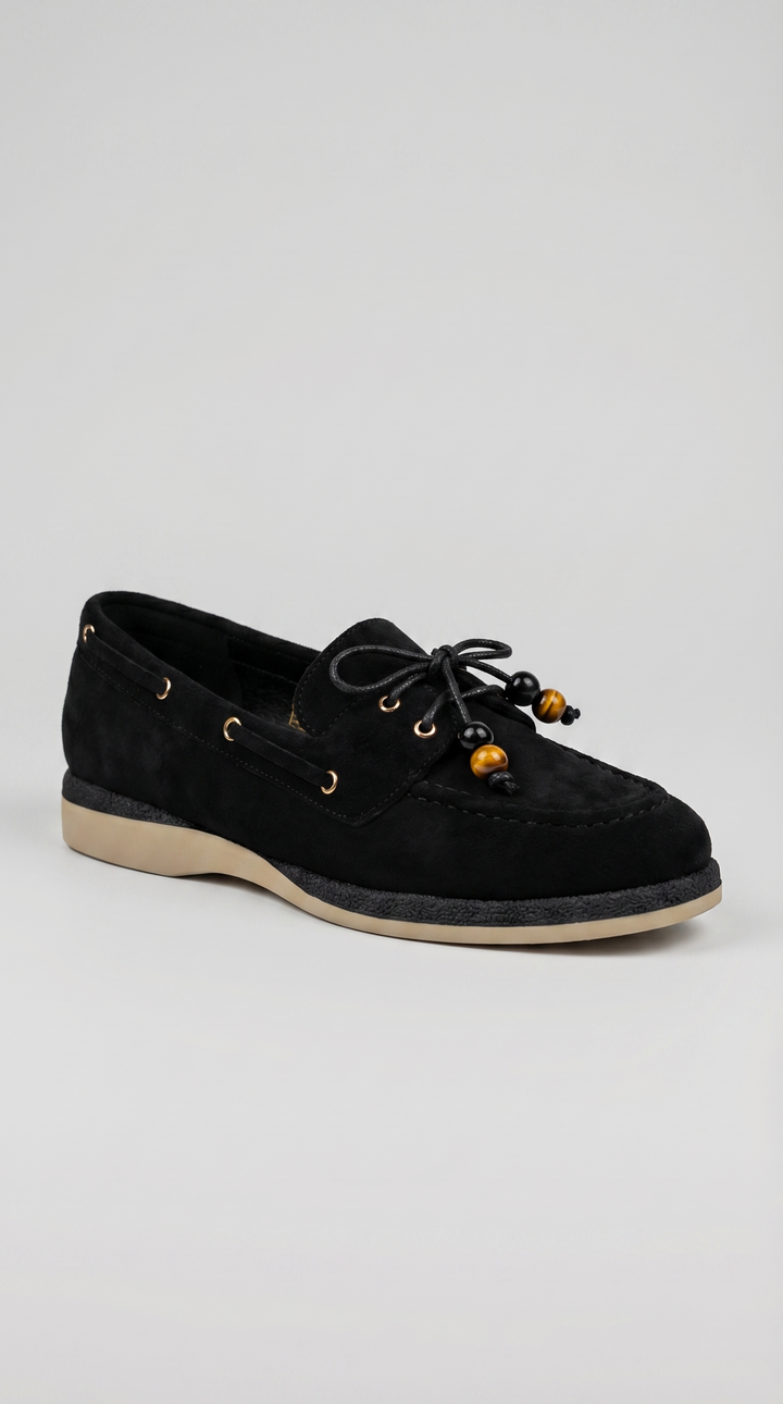 Black Suede Beaded Lace Boat Shoes