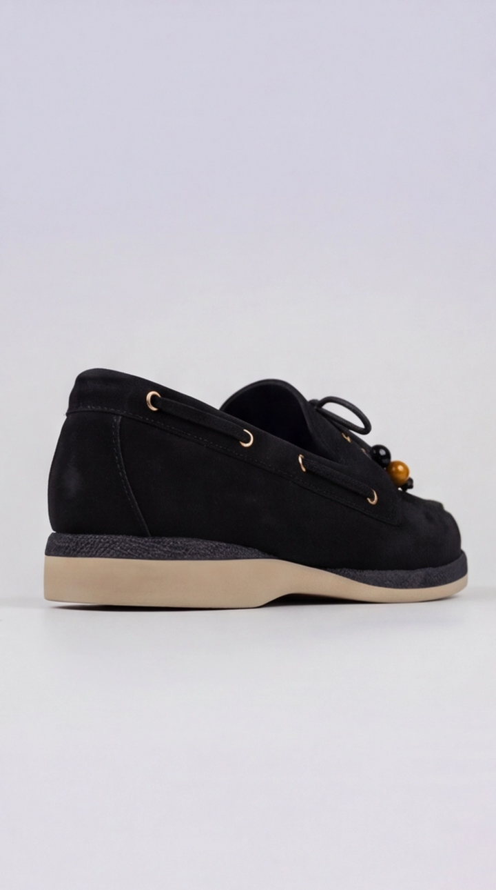 Black Suede Beaded Lace Boat Shoes