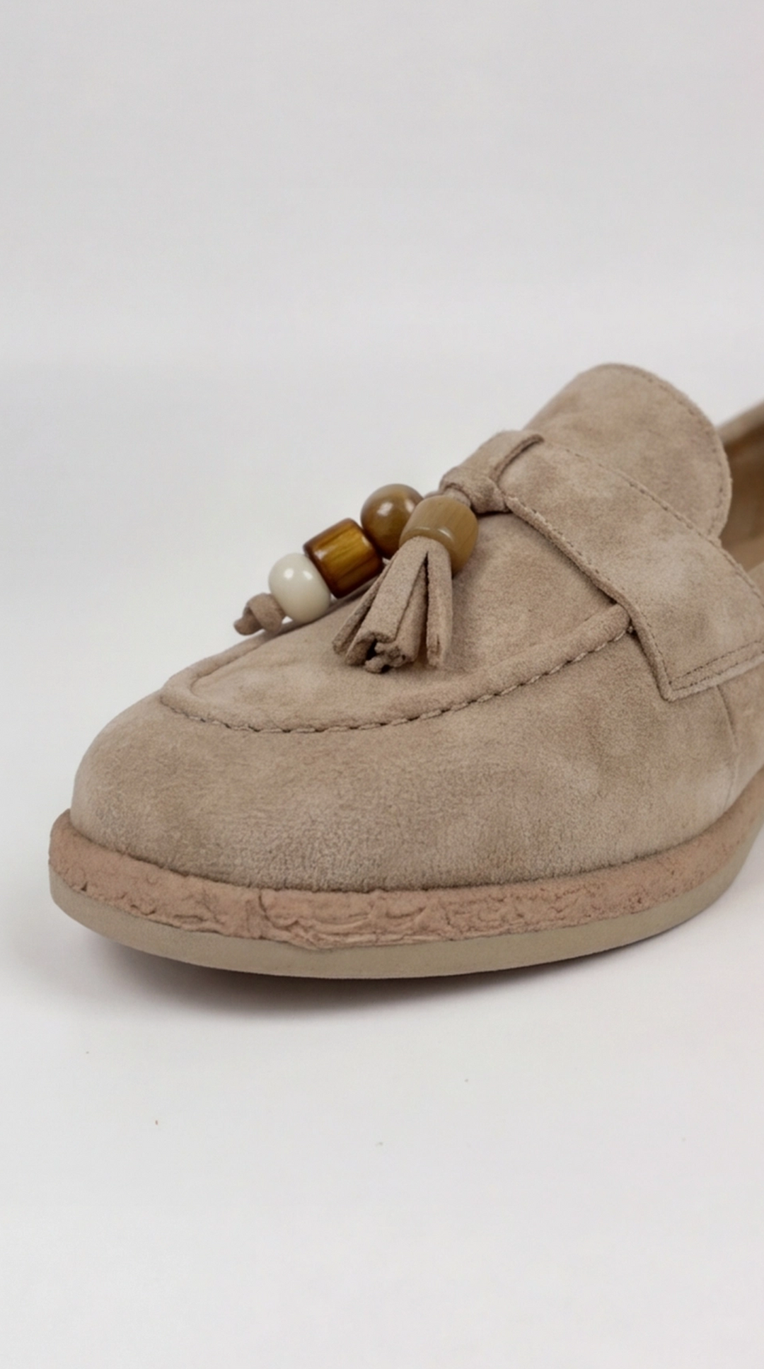 Taupe Suede Beaded Tassel Loafers