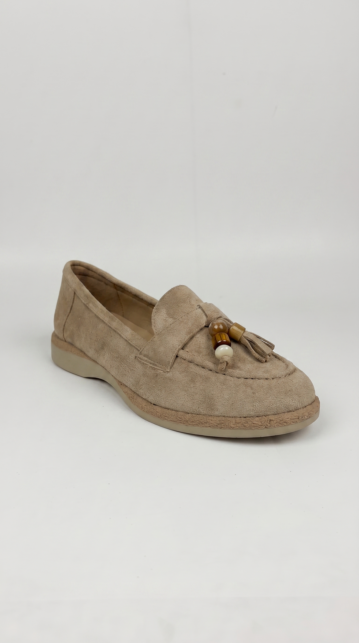 Taupe Suede Beaded Tassel Loafers