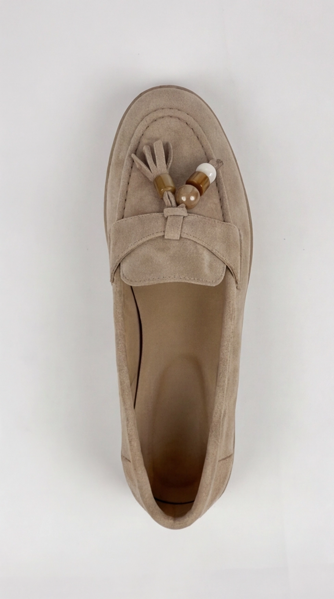 Taupe Suede Beaded Tassel Loafers