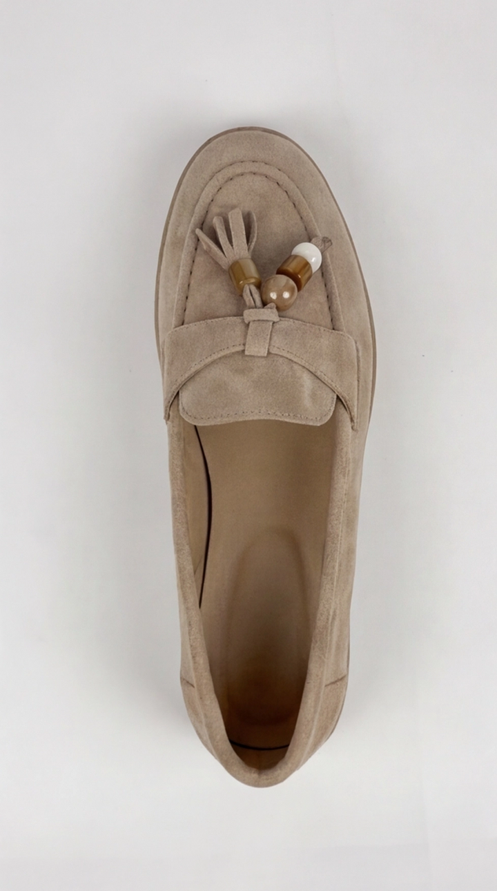 Taupe Suede Beaded Tassel Loafers