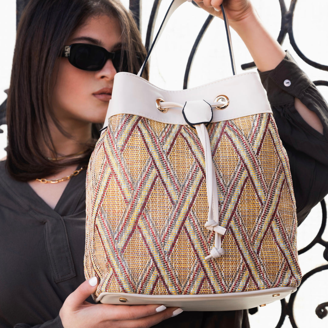 Multicolored Woven Fabric and Leather Handbag Beige