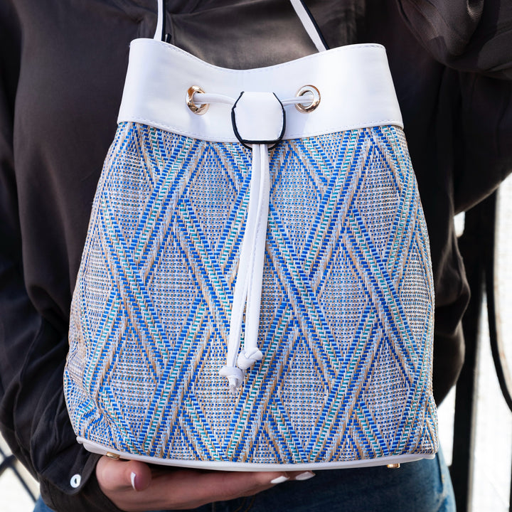 Multicolored Woven Fabric and Leather Handbag White