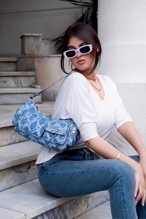 Elegance in Blue Denim Textured Handbag