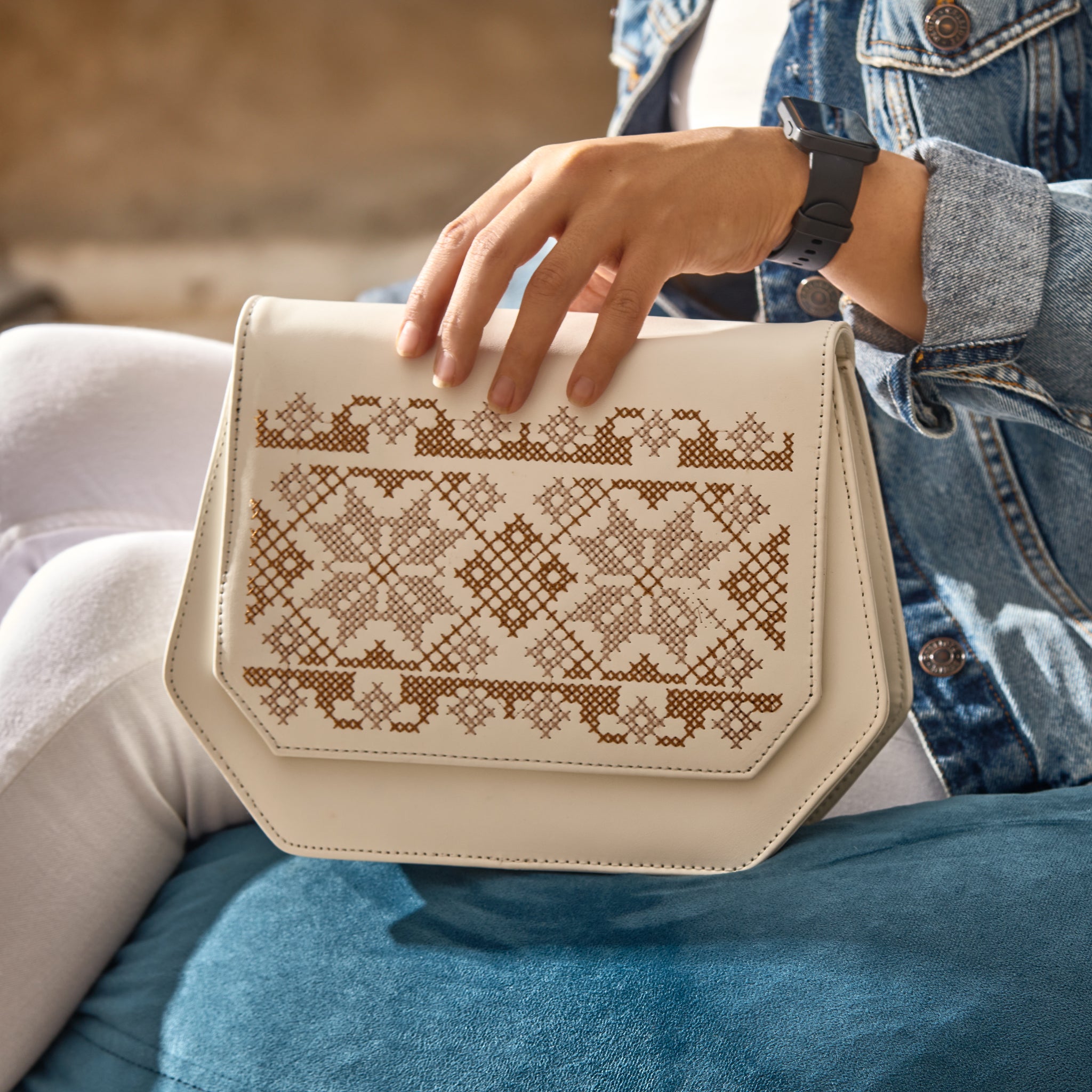 White Fold Up Embroidered Cross Leather Bag