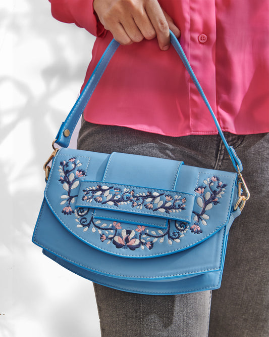 BabyBlue Leather Cross Bag With Front Flower Embroidered