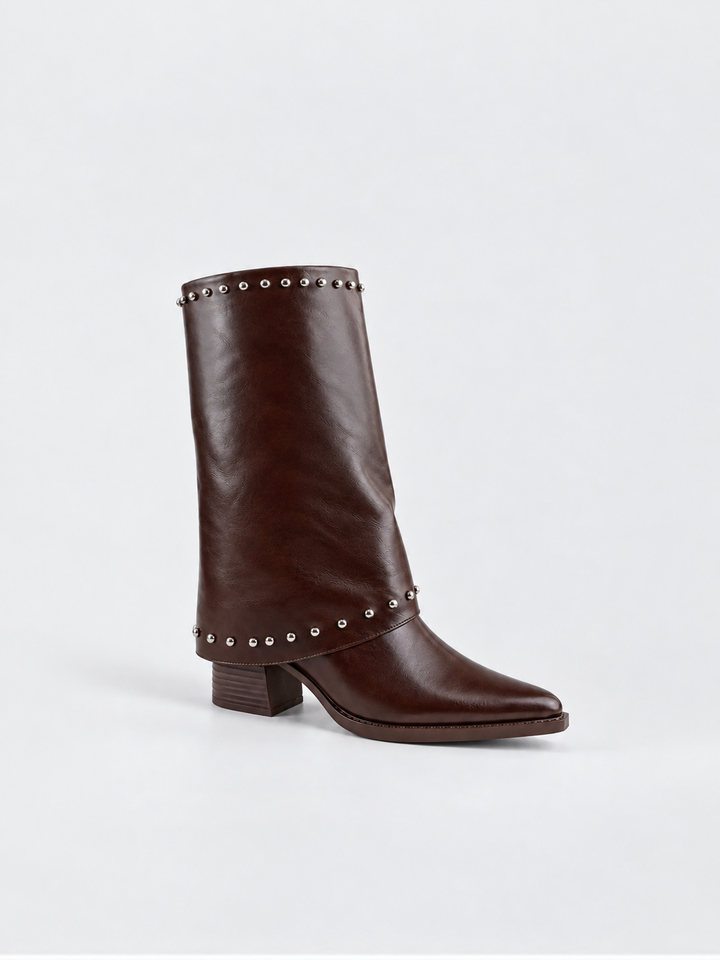 Roxie Studded Gaiter Mid-half Boot Faux Leather – Brown