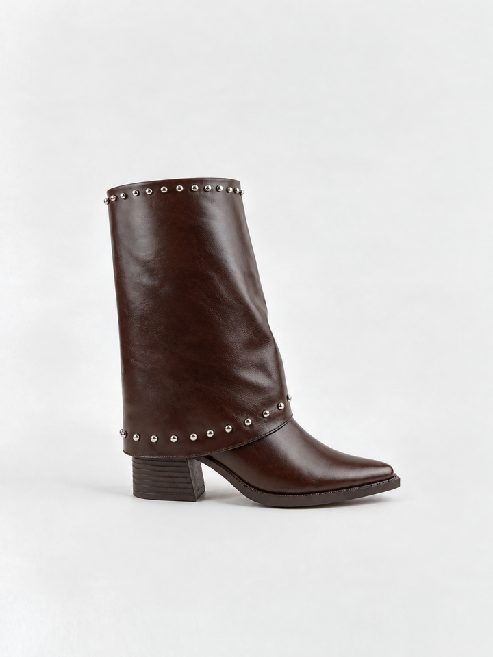 Roxie Studded Gaiter Mid-half Boot Faux Leather – Brown