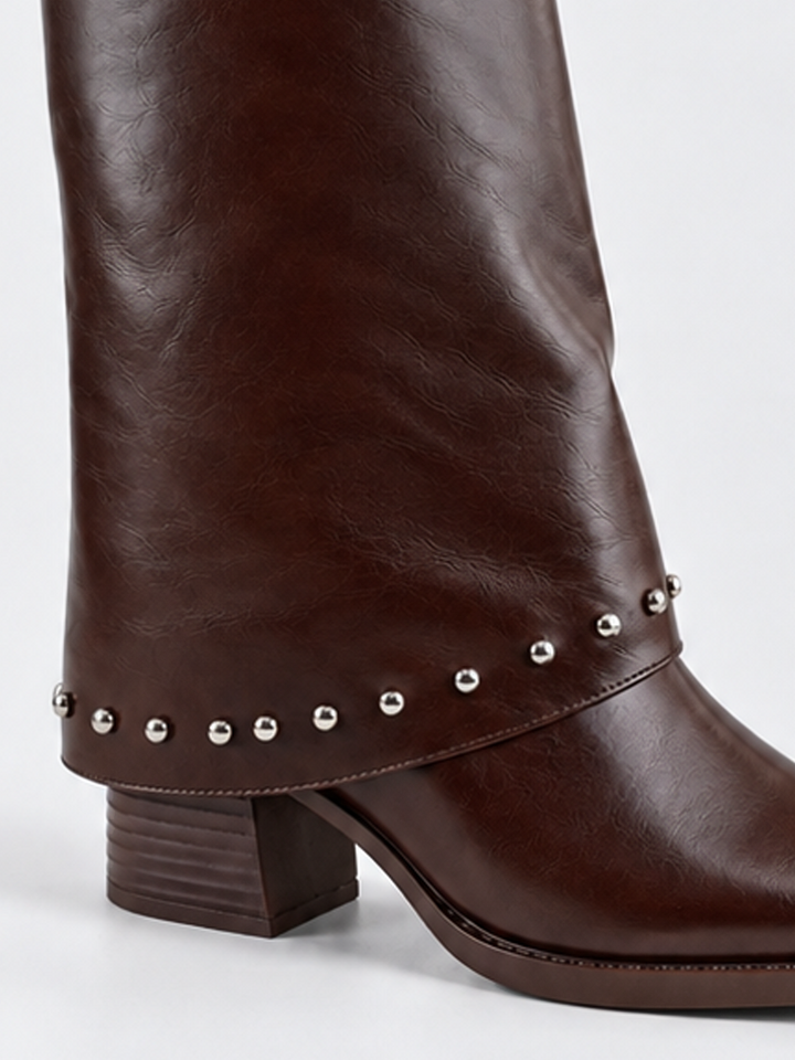 Roxie Studded Gaiter Mid-half Boot Faux Leather – Brown