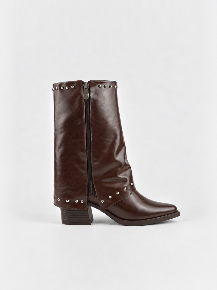 Roxie Studded Gaiter Mid-half Boot Faux Leather – Brown