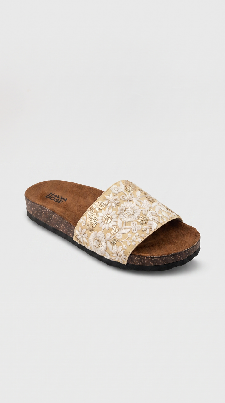 Ivory Floral Embroidered Cork Slide