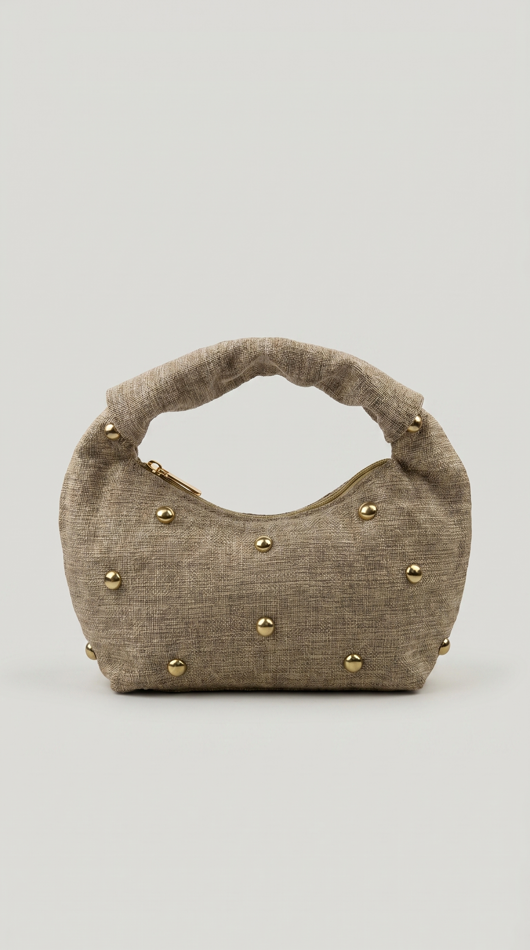 Studded Heathered-Linen Crescent Bag