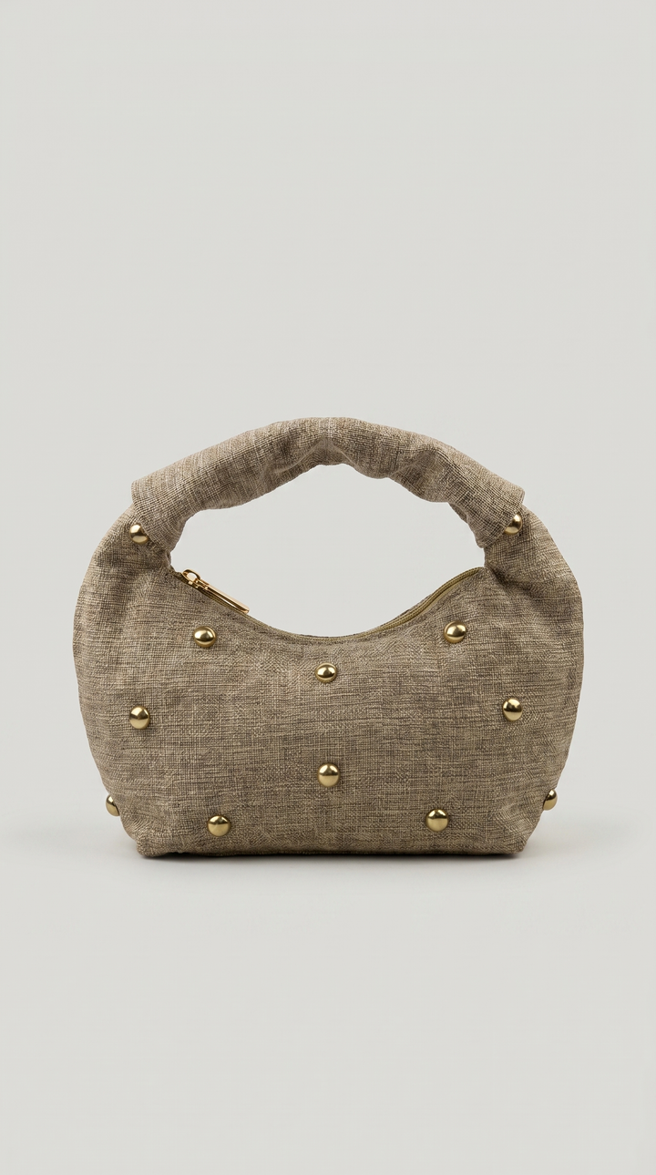 Studded Heathered-Linen Crescent Bag