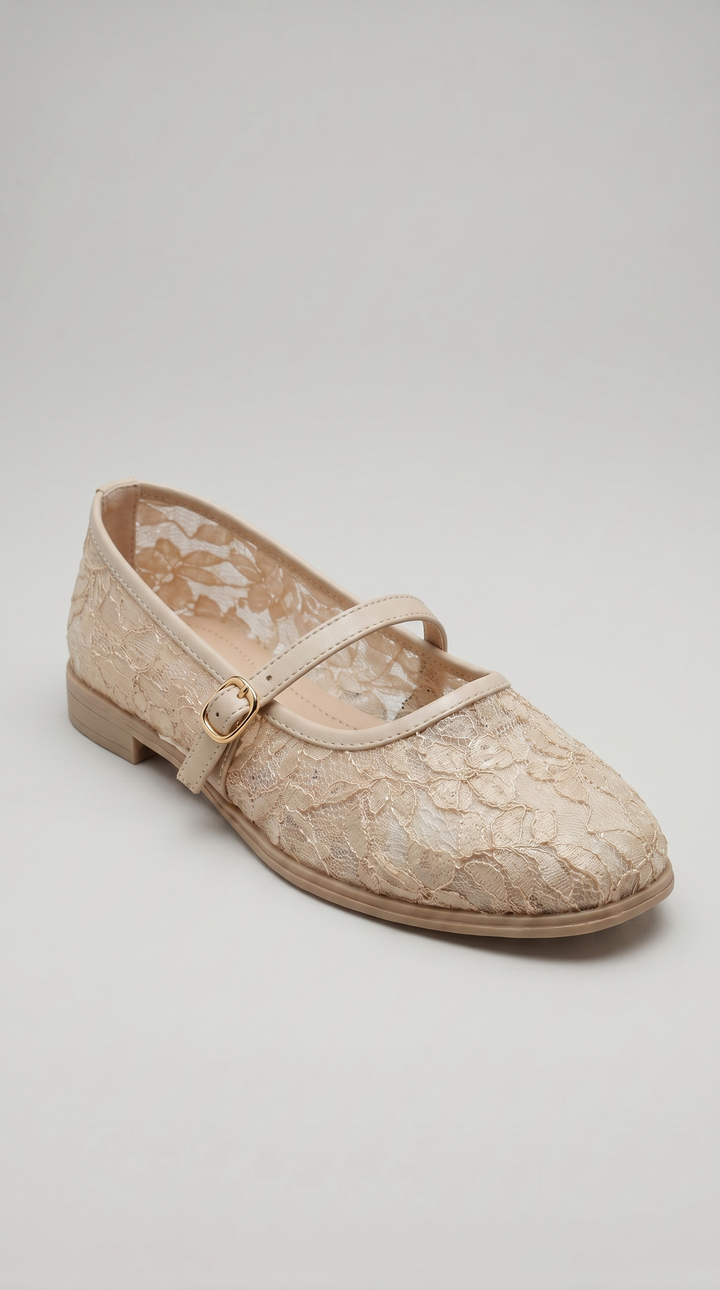 Beige Floral Lace Mary Jane Flat