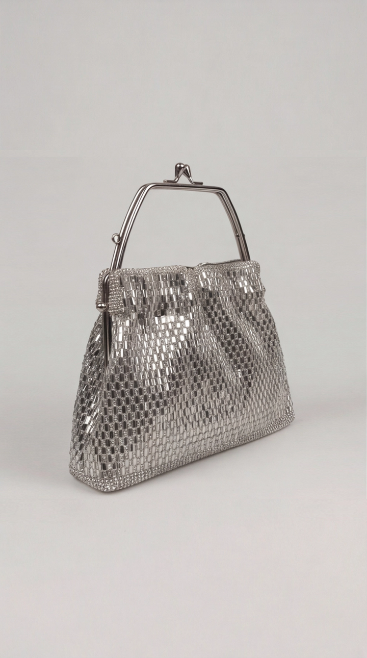 Silver Crystal Beaded Frame Bag