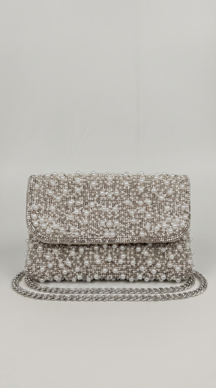 Silver Pearl Crystal Embellished Clutch Bag