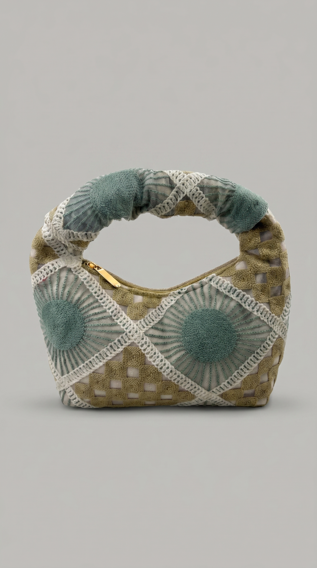 Geometric Patchwork Embroidered Crescent Bag