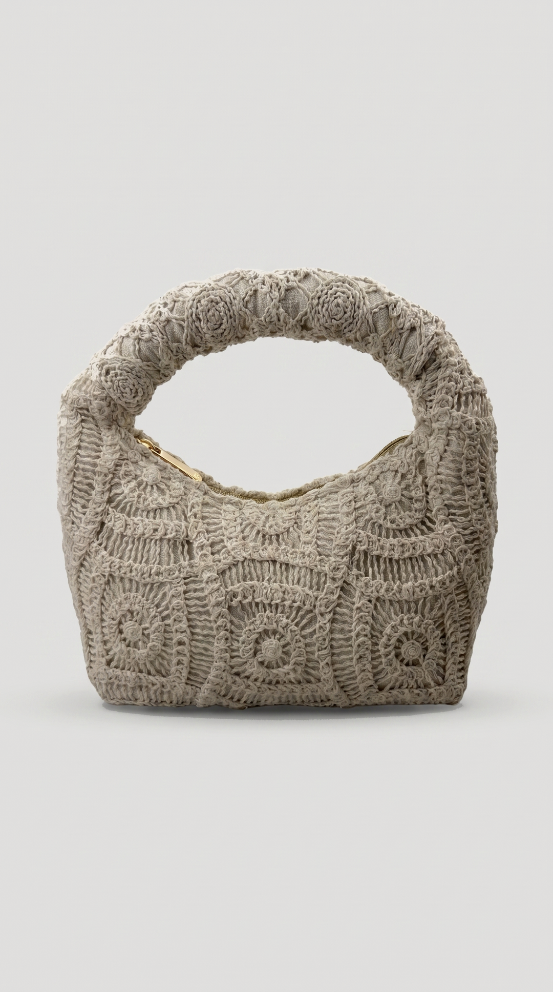 Beige Macramé Crescent Top-Handle Bag