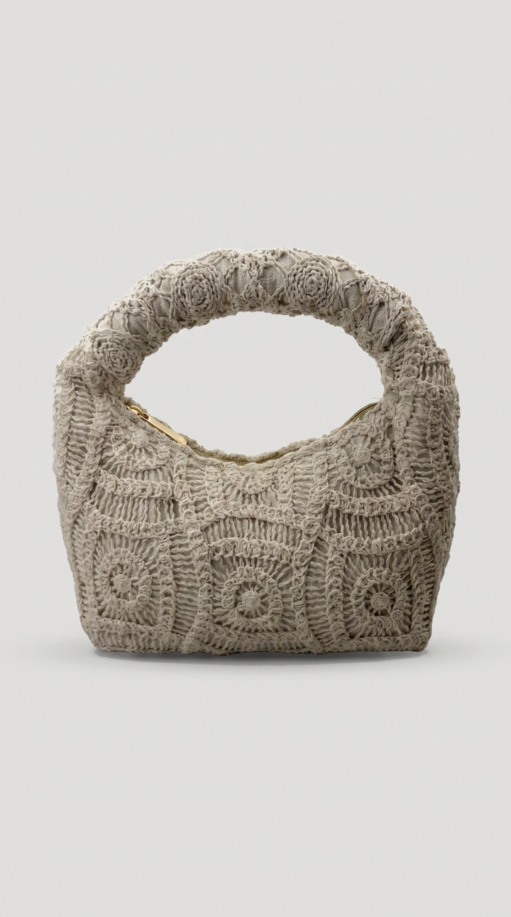 Beige Macramé Crescent Top-Handle Bag